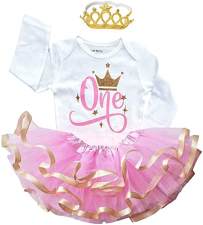 Прва облека од 1-ри втор роденден- бебе девојче розово злато сребро принцеза Туту сет и круна