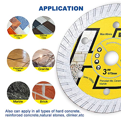 Сечило со дијамантска плочка Highdril, 3in/75mm x arbor 3/8inch/10mm турбо сечило за керамички, тврди порцелан, застаклени плочки за суво сечење диск （10мм арбор）