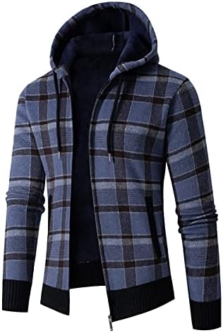 Машкиот машки кардиган џемпер, обичен каид со качулка, со целосна зип-кабинирана канцеларија Кардиган со џебови топла проверена надворешна облека