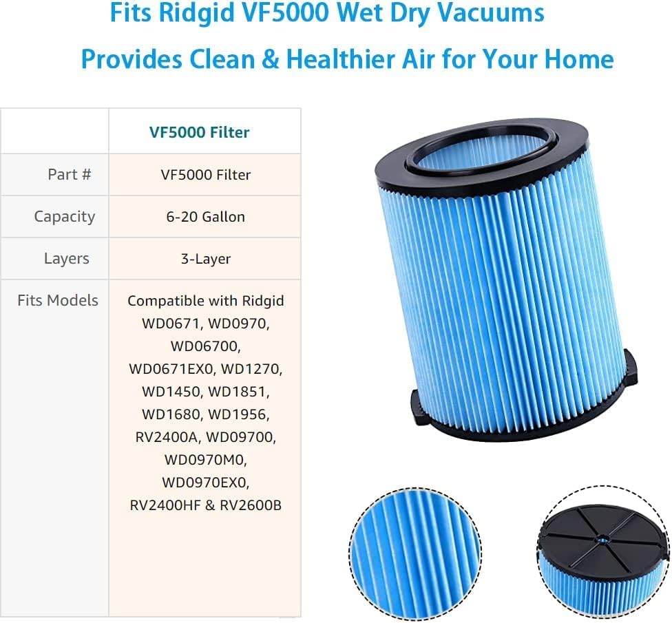 VF5000 Плетиран вакуумски филтер за хартија за ригиден продавница VAC 6-20 галон влажни суви вакууми WD1450 WD0970 WD1270 WD09700 WD06700 WD1680 WD1851 RV2400A