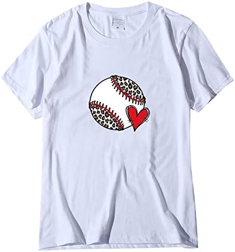 Симпатични бејзбол кошули за жени бејзбол срце екипаж на вратот со кратки ракави со кратки кошули со обични лабави вклопувани