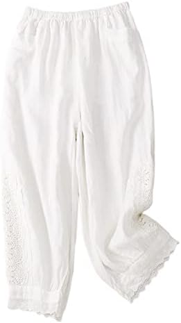 Maseенски модни исечени панталони со цврста боја памучна постелнина цветна вез еластична половината обични панталони со џебови