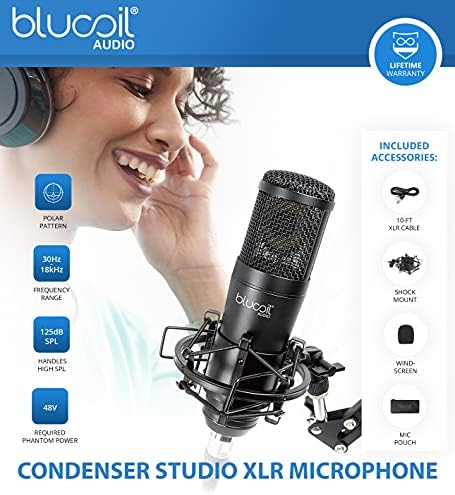 Blucoil Cardioid Condenser Studio XLR микрофон за звучни звуци, акустични гитари, дрвокрадство, снимање на домашно студио, стриминг и подкастинг
