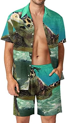 БАИКУТУАН Море желка печати машки 2 парчиња хавајски кошула одговара на секојдневно лабаво копче надолу и шорцеви на плажа облека за одмор