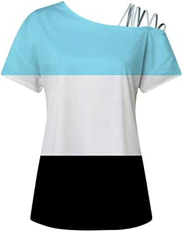 Блок кошули за боја за жени, ладно рамо, кратки ракави, врвови на врвови, крцкајќи се секси блуза за туника