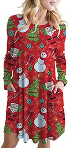 Andongnywell Christmasенски Божиќен печатен круг на вратот Обичен MIDI фустан Божиќ печатени замав фустани со џебови