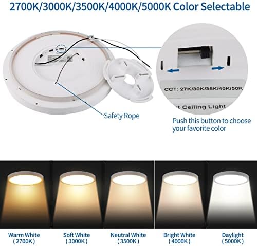 Dakason 12 -инчен LED Flush Flush Mount Light Light 24W, со 2700 ~ 5000k 5 бои што може да се изберат главна светлина и 4W амбиентална