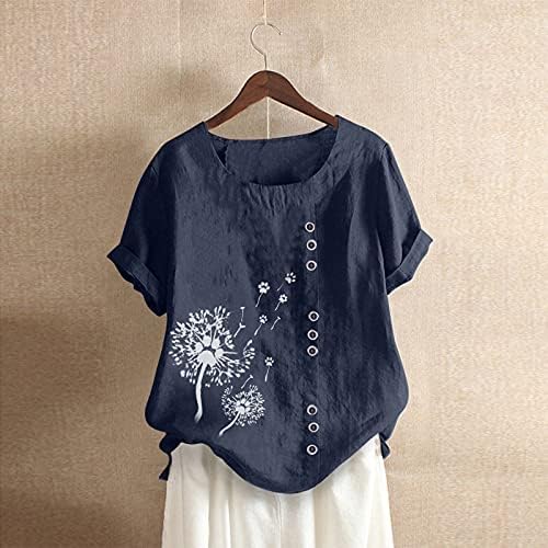 Qcemeni плус големина блузи за жени памучни постелнина кратки ракави кошули со екипаж трендовски графички маица за печатење летни маички летни