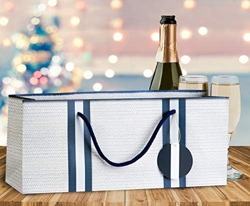 Едноставно шармирани торби за подароци за вино - бело со шема на ткаење на корпи и сет на чанти од морнарички ленти од 3