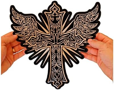 Голем заден дел, извезена лепенка, кафеав/златен христијански крст и крилја Голем задник, 11 x 12