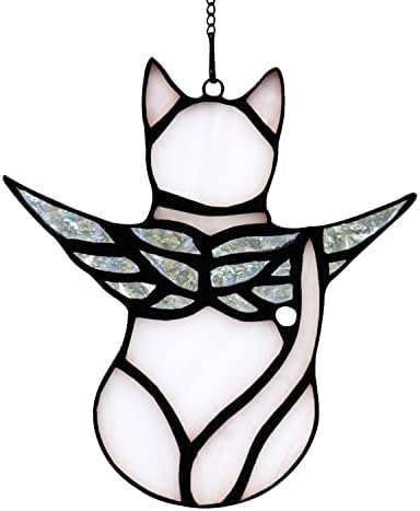 Подарок за спомен на боксер Ангел мачка витраж, ангелски крилја мачки витраж висина, подароци за сочувство за мачки за loversубители