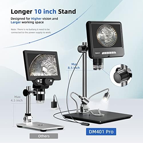 Tomlov DM401 PRO 2K Дигитален микроскоп 1200X, Extension Tube ET02, 7 инчен HDMI LCD микроскоп, вклучена фаза на светлосен светлосен светло, вклучен микроскоп со монети од 24MP со екран, компј