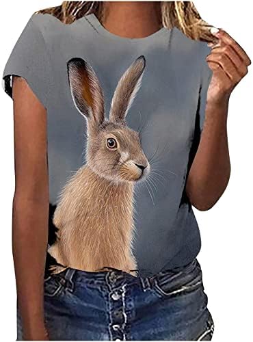 Велигденска кошула за зајаче за жени Симпатична зајак краток ракав, тркалезен врат, летен случај, природа, животно печатено