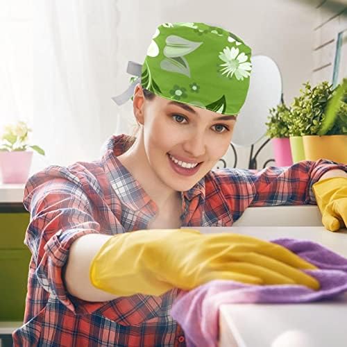 2 парчиња медицинска сестра за чистење капаци жени долга коса, зелена цветни цвеќиња, прилагодливо работно капаче со копче и џемпери