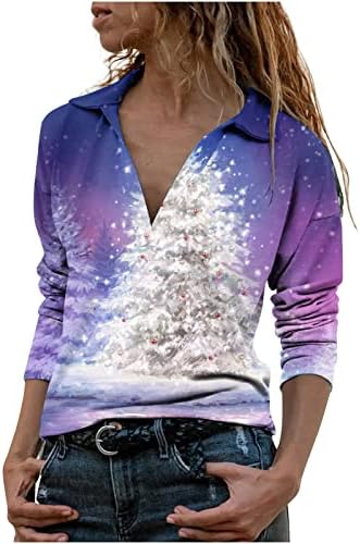 Женска маица модно Божиќно копче V вратите кошули со долги ракави врвови на ракави, боцова гроздобер печатена блуза за туники за жени