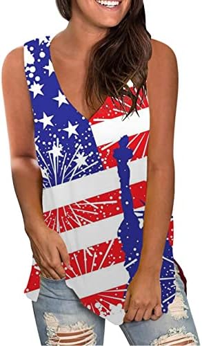 На 4 -ти јули резервоарот за кошули врвови за жени во САД знамето лето обична маичка без ракави патриотски starsвезди ленти за фитнес резервоар врвови