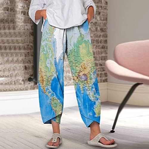 LMSXCT Capri панталони за жени Светска мапа Печати Еластична половината памучна постелнина панталони лабави широки нозе плажа исечени панталони