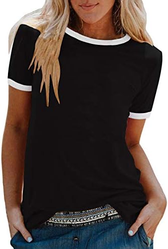 Kaniem женски врвови на рингер маичка со цврста крпеница тенка кошула обична тркалезна врата туника лето лабава блуза со кратки ракави на врвот