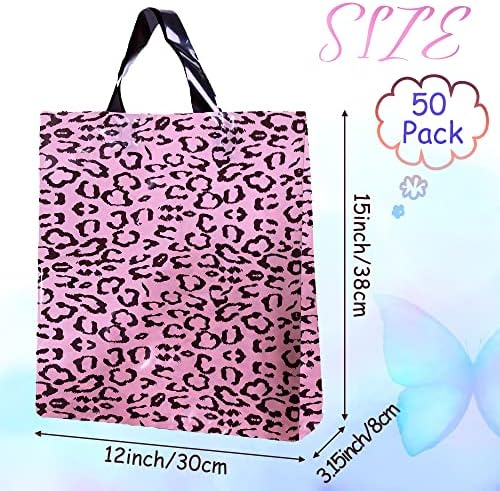 Ykoleyo 100 пакувања стока за стоки со рачки розови леопард печати пластични кеси за деловни кеси за купување на еднократна употреба 12 x 15 инчи торби за подароци