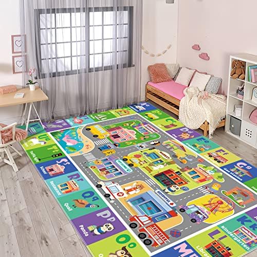 Ltkougfam бебе плејмат за подот, мека кадифен ABC деца играат килим за мали деца и новороденчиња бебешки подни душеци, детски килимски килим со град, голем килим што не се