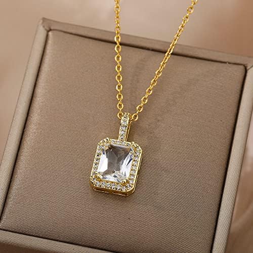 T3store Шарен квадратен кристален приврзок ѓердан за женски ланец циркон ѓердан моден накит на в Valentубените - бел - 45 см -22392