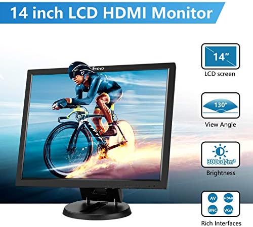 Eyoyo 14 инчен LCD HDMI монитор 1024x768 Мал VGA Display Monitor за безбедносни камери w/hdmi/vga/av/bnc влез w/вградени звучници и далечински