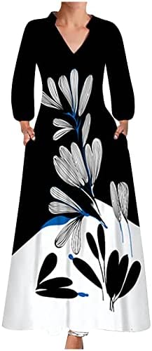 Women'sенски Plusенски плус големина Макси фустани обични долги ракави за замав фустан Флорал печатена V врат плажа кафтани со џебови