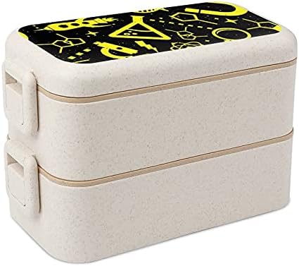 Наука црно -жолто бенто кутија за ручек 2 контејнери за складирање храна со лажица и вилушка
