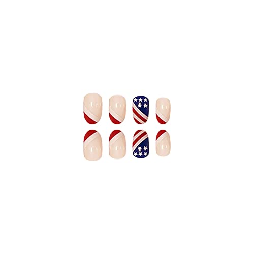 24 парчиња 4 јули Притиснете На Ноктите Краток Овален француски Врв Лажни Нокти Американско Знаме Патриотски Дизајн Целосна Корица Ден