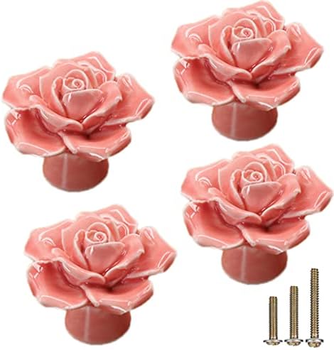 Есрејк 4-Пакет Роза Керамички Копчиња, Роза Цвет Керамички Гроздобер Повлекува Кујна Кабинет Облекување Маса Гардероба Рачки со 3 Големина