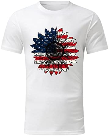 Патриотски маици на 4-ти јули за кратки ракави за мажи со кратки ракави во САД, Цветни печатени екипа на екипаж на врвови на летни обични маици