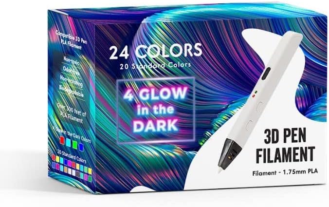 24 бои 3Д филамент на пенкало. Вклучува 20 бои на вибрации и 4 сјај во темни бои. 10 стапки, по 1,75мм. ПЛА деца безбедно полнење