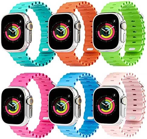 6 Пакет Ултра Океан Бенд Компатибилен со Apple Watch Band 49 45 44 42 41 40 38mm, Мека Силиконска Водоотпорна Спортска Лента за Жени И Мажи За Apple Watch Band Серија 8 7 SE 6 5 4 3 2 1