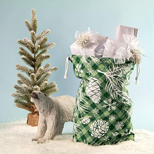 Партиски материјали на Пуди Педро - Божиќни торби за подароци за платно - X -large 26 x 19 Зелено дрво гранка Pinecone - umамбо ткаенина присутна