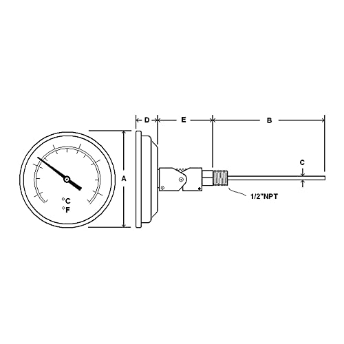 PIC мерач B2B4 -DD 2 ”големина на бирање, 25/125 ° F и -4/52 ° C, 4 должина на стеблото, конекција на задниот агол, кутија од не'рѓосувачки челик, 316 термометар за биметал од не'рѓос