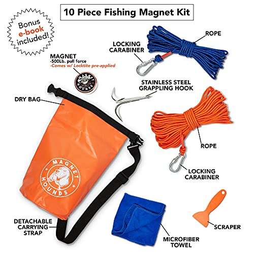 Магнет за магнет риболов 10 парчиња комплет за стартување - силен 500lb Повлечете неодимиум богатство лов / риболов за спасување магнет - кука за гребење, јажиња, караби