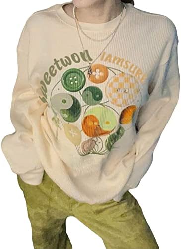 Y2k гроздобер лабава лабава маица со долги ракави пулвер 90-тите екипаж печатено Харајуку преголема широко џемпер естетска улична