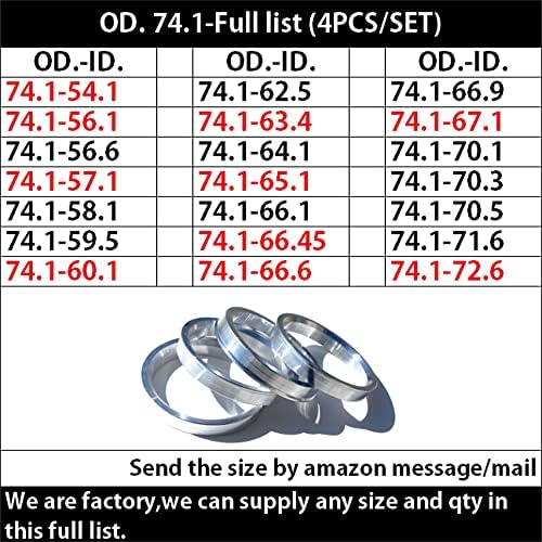Централни прстени на тркала за легури Cospeita, сет од 4, Hub Ring Od. = Тркала CB. = 74,1мм целосен список