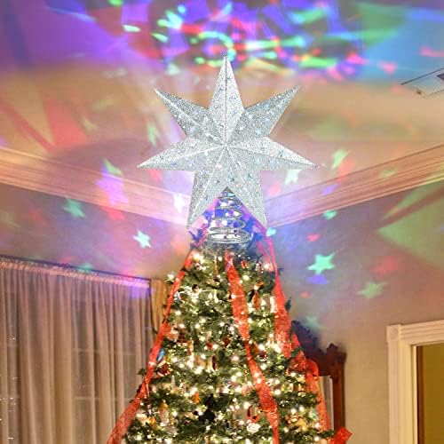 Deerhouse 3d Ѕвезда Елка Топпер Осветлени Ѕвезда Дрво Топпери СО LED Ротирачки Проектор Светла, Сребрена Ѕвезда Дрво Врвот За Новогодишна