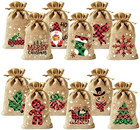 CCINEE 36PCS Божиќни торбички за божици, 4 × 6 инчи влечења Божиќни бурлап Гуди подароци за бонбони со двојни џута за влечење за бонбони за