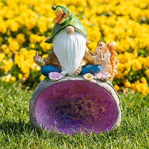 Статуа на соларна градина gnome, градинарска фигура на отворено декорација со gnome Седнете на аметист за внатрешен двор, двор,