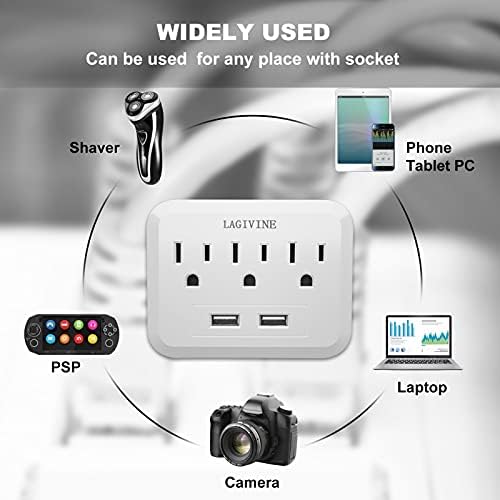 Заштитник на Surge Surge на USB Wallид, 3 излез со 2 USB порти адаптер, сплитер на излез со повеќе приклучоци за патувања, додатоци за домашни канцеларии