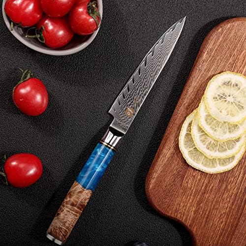 Нож за комунални услуги во кујната Dnifo 5 инчи, челични кујнски ножеви во Дамаск-Супер остриот крајниот нож за сите намени за исечување, мелење, сечење-нелепливо сечи?
