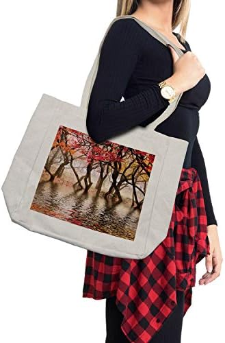 Амбесон есенска торба за купување, есенска сезона на есенска сезона со дрвја шарени розово зеленило како фотографија, еко-пријателска торба