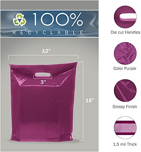 Виолетова стока пластични кеси за купување - 100 пакувања 12 x 15 со рачки од дебелина од 1,5 мил.