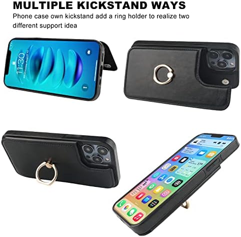 Onetop за Iphone 14 Pro Max Паричник Случај Со Држач За Картичка, 360° Ротација Прстен Kickstand Рфид Блокирање Стп Кожа Двојна Магнетна