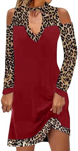 Нокмопо Долги Фустани За Жени Обичен Леопард Панел Во Боја Исклучен Рамо Долг Ракав Исправен Фустан