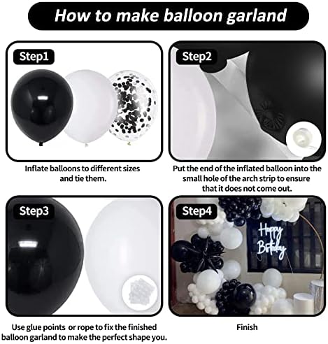 Комплет за црно -бело балон, комплет за лакови од 124 парчиња со бели и црни балони со конфети, светли издржливи латекс балони за роденден,