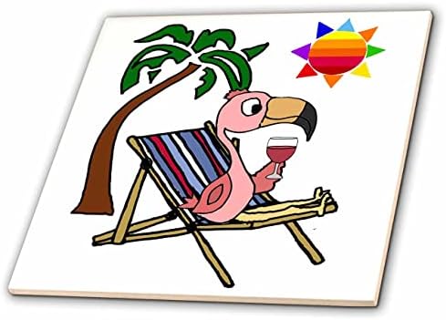 3дроза Смешно Розово Фламинго Пиење Вино На Плажа стол И Сонце И Палма-Плочки