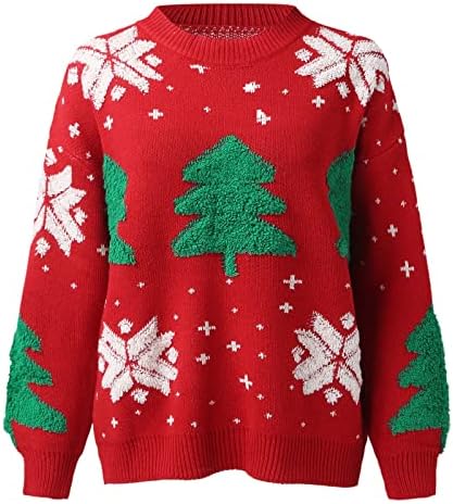 Среќни Божиќни џемпери за жени кратки тркалачки врат долг ракав Божиќна шема Дневен обичен џемпер за пулвер